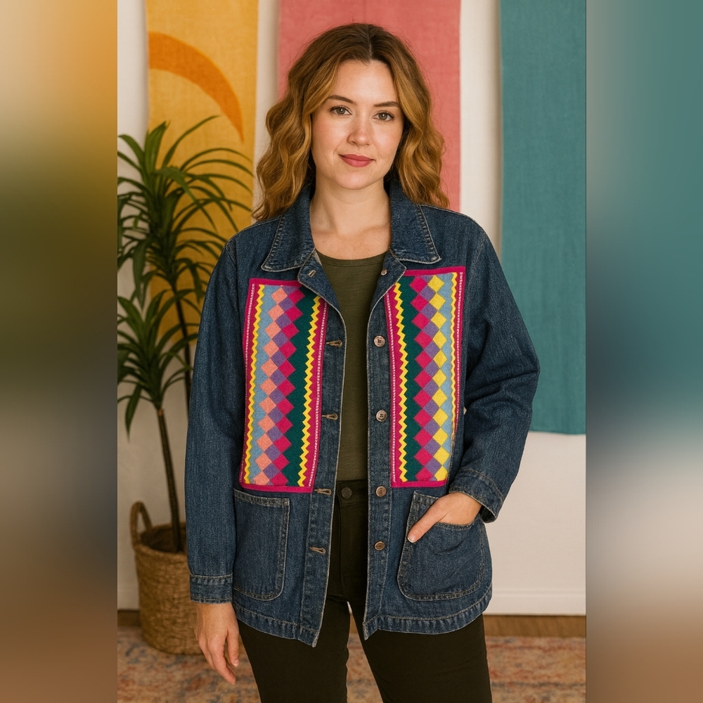 Vintage Denim Jacket Colorful Geometric Pattern Womens XL y2k Patchwork Boho